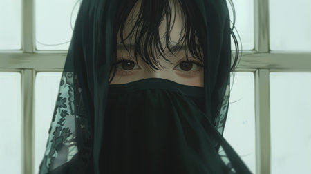A woman with a black veil covering her face and head, AIの素材