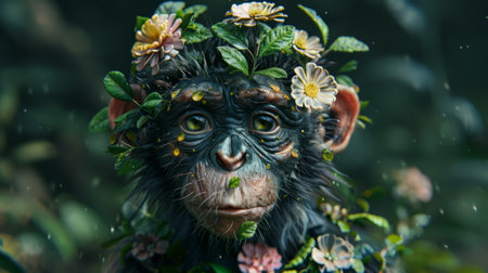 A monkey with flowers on its head and leaves in the hair, AIの素材