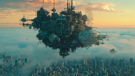 A futuristic city floating in the sky above a large body of water, AIの素材
