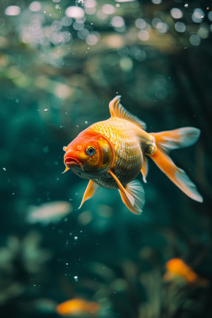 A goldfish swimming in a pond with some bubbles, AIの素材