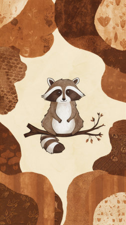 A cute little raccoon sitting on a branch with leaves and hearts, AIの素材