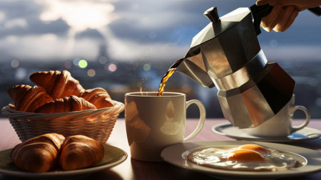 A person pouring coffee into a cup on top of breakfast, AIの素材