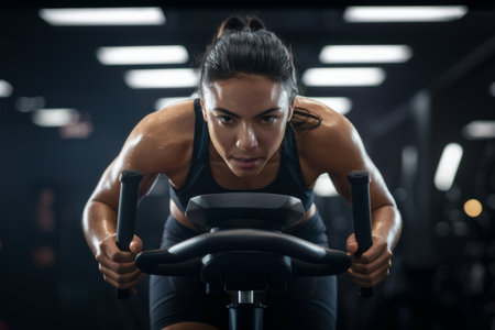 A woman on a stationary bike in the gym with her eyes closed, AIの素材