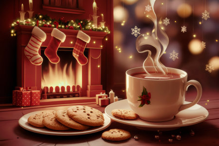 A cup of hot chocolate with cookies and a fireplace in the background, AIの素材