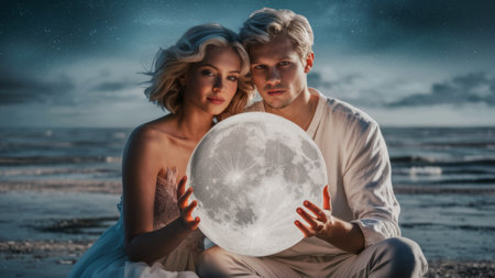 A man and woman holding a full moon in front of them, AIの素材