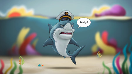 A cartoon shark with a speech bubble and hat on, underwater, AIの素材