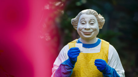 A statue of a clown holding up some papers in front of him, AIの素材