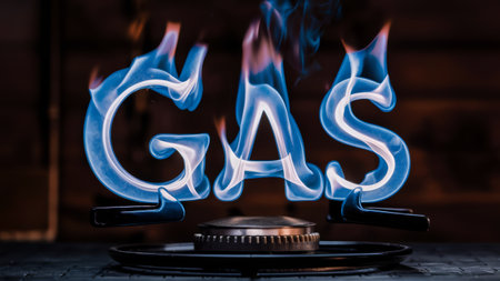 A blue flame is shown on top of a gas stove, AIの素材