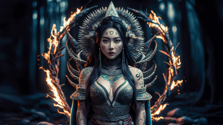 A woman with a crown and tattoos standing in front of fire, AIの素材