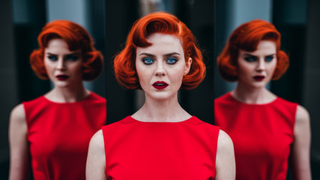 A woman with red hair in a red dress and makeup, AIの素材