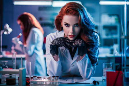 A woman in a lab coat with red hair and long fingernails, AIの素材