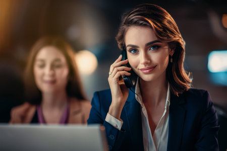 A woman talking on a cell phone while sitting at her desk, AIの素材