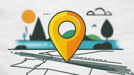 A drawing of a map marker with trees and mountains, AIの素材