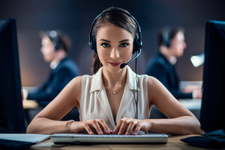 A woman in a headset typing on her keyboard while two men work at the computer, AIの素材