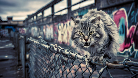 A cat sitting on top of a fence with graffiti all around it, AIの素材