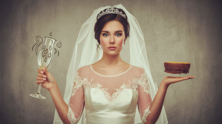 A woman in a wedding dress holding up two items, AIの素材