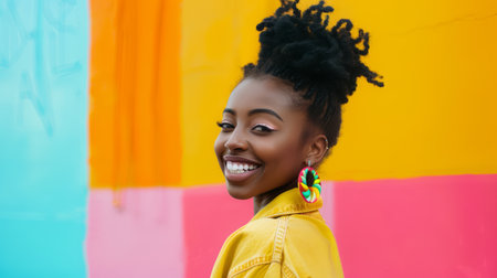 A woman with a big smile and earrings in her ears, AIの素材