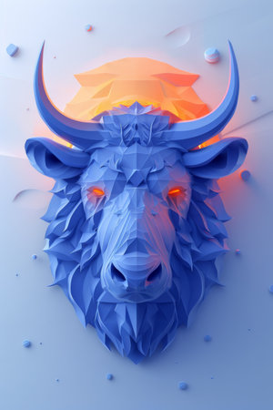 A blue bull with orange eyes and horns on a white background, AIの素材