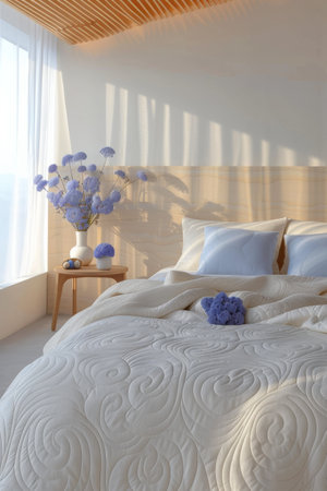 A bed with white sheets and pillows in a room, AIの素材