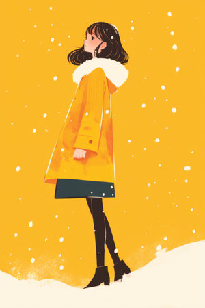 A woman in a yellow coat standing on snow, AIの素材