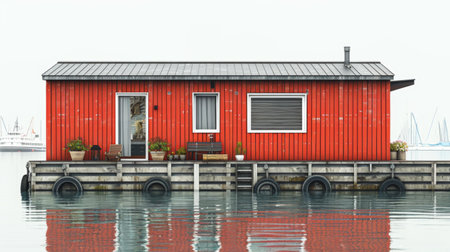 A red house sitting on a dock in the middle of water, AIの素材