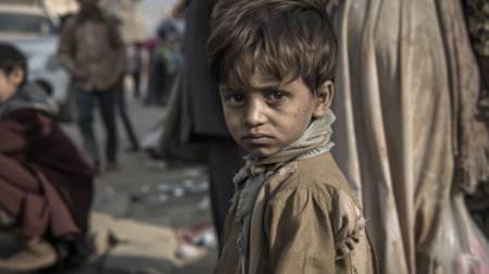 A young boy standing in a crowd of people with his eyes closed, AIの素材