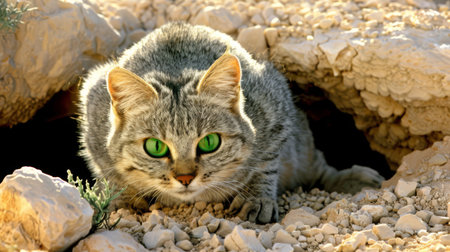 A cat with green eyes sitting in a hole on the ground, AIの素材
