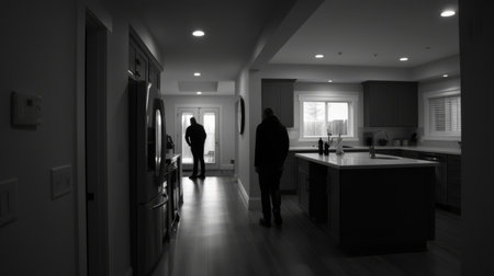A man and woman standing in a kitchen with the door open, AIの素材