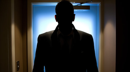 A man in a suit standing next to an open door, AIの素材