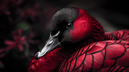 A close up of a red bird with black feathers and flowers, AIの素材