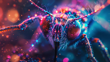 A close up of a bug with colorful lights and glitter, AIの素材