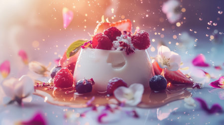 A white bowl with berries and flowers on top of a table, AIの素材