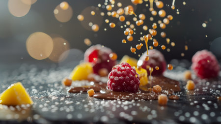 A close up of a dessert with fruit and sprinkles on it, AIの素材