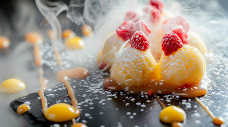 A close up of a dessert with raspberries and sugar on top, AIの素材