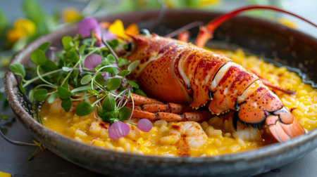 A bowl of food with a lobster in it on top, AIの素材