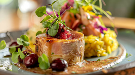 A close up of a plate with food on it and some garnish, AIの素材