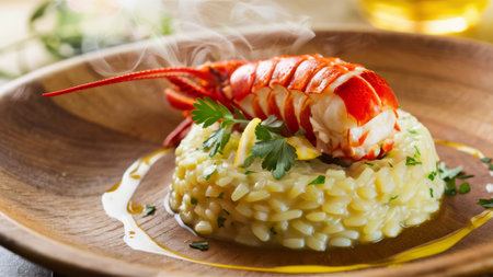 A lobster is sitting on top of a plate with rice, AIの素材