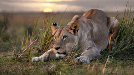 A lion laying in the grass with a bone in its mouth, AIの素材