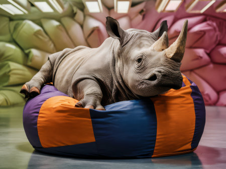 A rhino laying on a colorful bean bag chair in front of colored walls, AIの素材