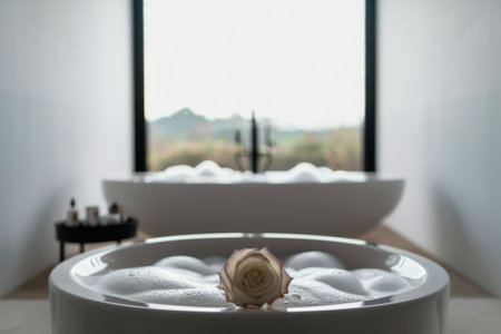 A rose in a bathtub with bubbles rising from the water, AIの素材