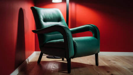 A green chair sitting in a room with red walls and floor, AIの素材