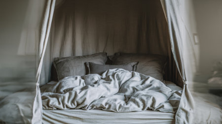 A bed with a canopy and pillows on it in the dark, AIの素材