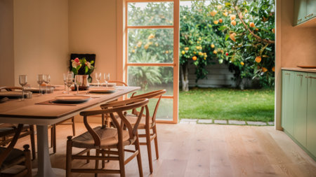 A table with a glass of wine and plates on it, AIの素材