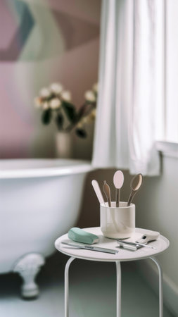 A small table with a white bowl and spoons in it, AIの素材