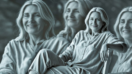 A woman sitting on a chair with her face in the middle of two pictures, AIの素材