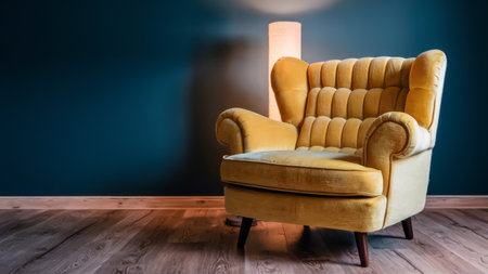 A yellow chair sitting in front of a blue wall and light, AIの素材