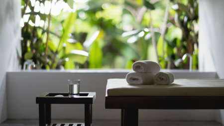 A towel on a table next to some plants and glass, AIの素材