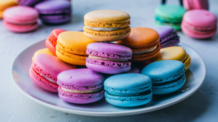 A plate of colorful macarons on a white table with other food, AIの素材