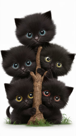 A group of four black kittens are standing on top of a tree, AIの素材