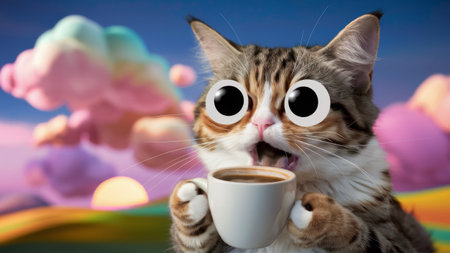 A cat with big eyes holding a cup of coffee, AIの素材